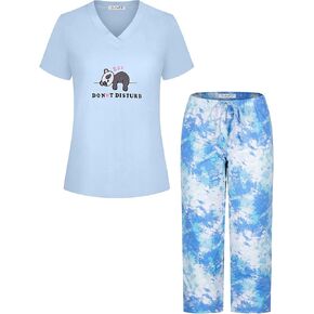 Women's Pajama Party Drawstring Waist Printed Short Sleeve Soft Cotton Sleepwear Capri Set