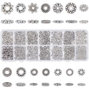 PH PandaHall 480pcs Silver Spacer Beads 14 Style Jewelry Beads Metal Flower Gear Snowflake Rondelle Beads Charm Spacers Tibetan Alloy Loose Beads Kit for Bracelets Necklace Earrings Jewelry Making