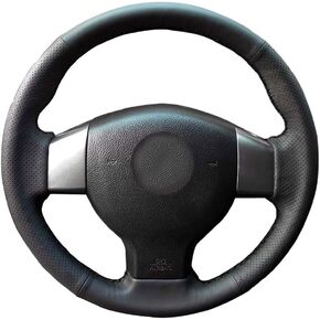 DIY Sew Genuine Leather Steering Wheel Cover for Nissan Versa Sedan 2007 2008 2009 2010 2011 2012 Stitch on Wrap Interior Accessories 15 inches (Black Thread)