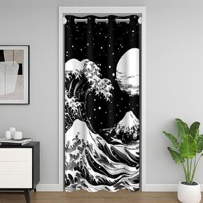 jejeloiu Japanese Door Curtain for Doorway Privacy Japan Ocean Waves Doorway Curtains Mountain Fuji Closet Door Cover Curtain Oriental Japanese Moon Blackout Curtain White Black 1 Panel, 34" x 80"