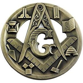 Symbolic Square & Compass Round Masonic Auto Emblem - [Antique Brass][3'' Diameter]