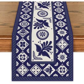 Mexican Table Runner Blue Patchwork Tiles Table Cover Mexican Fiesta Talavera Floral Bird Decor Mexican Dia De Los Muertos Decorations for Home Party
