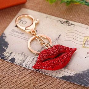 Big Kiss Lips Keychain Purse Charm Bling Crystal Key Ring Bag Charm Red Keyring Gift Pouch included (Gold keyring)