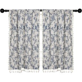 2 Panels Linen Tassels Curtains Farmhouse Blue Floral Vintage Semi Sheer Window Curtain for Kitchen Bathroom, 26x24in Tiers Curtain