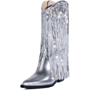 MUCCCUTE Women's Fringe Western Cowboy Boots Metallic Cowgirl Mid-Calf Boots Pointed-Toe Chunky Block Heel Fashion Party Boots for Ladies with Tassel Size 9 in Kuwait