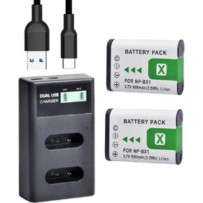 2pcs 950mAh NP-BX1 Battery + LCD Dual USB Charger with Type C Port for Sony NP-BX1/M8, DSC-HX80, HX90V, HX95, HX99, HX350, RX1, RX1R II, RX100 (II/III/IV/V/VA/VI) HDR-AS50, AS300