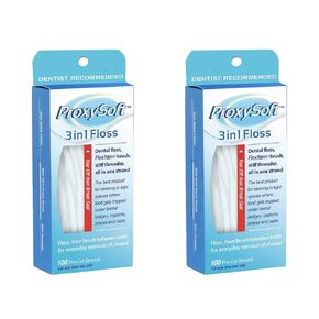 ProxySoft 3-in-1 Dental Floss for Optimal Teeth Flossing​- 2 packs Pre-Cut Ortho Floss Threaders for Braces, Tight Spaces, Bridges, Implants with Built-in Soft Proxy Brush and Stiff Threader Flosser