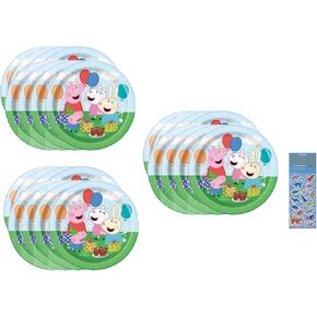Unique Peppa Pig Party Supplies Bundle Pack includes 24 Dessert Cake Paper Plates and 1 Dinosaur Sticker Sheet