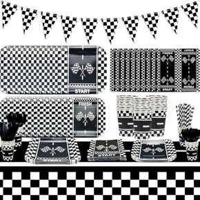 Race Car Birthday Party Supplies Car Theme Party Decorations Serves 20 Guests, Plates, Racetrack Tablecloth, Tableware, Table Napkins, Drinking Straws, Cups, Party Decor for Boy Birthday