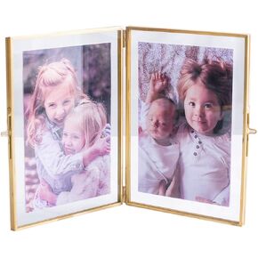 Double Picture Frames Gold Double Pictures Frame with Pressed Glass Photo Frame, Brass (4 x 6")