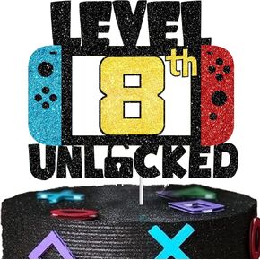 8 LEVEL UNLOCKED Birthday Cake Topper - 8th Happy Birthday Gamepad Cake Topper - Video Game Kids Boy Girl Bday Party Decorations Supplies - Handmade black gold red blue Glitter