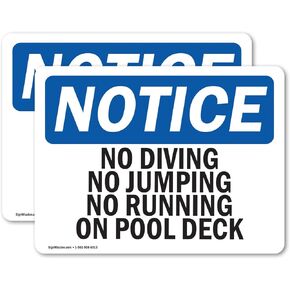 (2 Pack) No Diving No Jumping No Running On Pool Deck OSHA Notice Sign 10 Inch X 7 Inch Vinyl Label Decal Sticker Weather Resistant, UV Protected for Workplace, Construction Site, Made in the USA