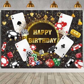 Casino Birthday Backdrop Las Vegas Casino Night Party Background for Casino Theme Poker Dice Gold Glitter Happy Birthday Party Decorations Banner (7X5FT(82x59inch))