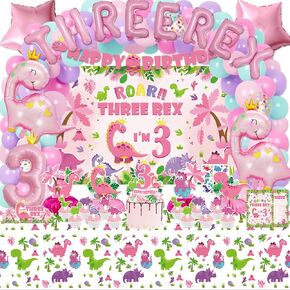 Pink Dinosaur Birthday Decorations for 3 Year Old Girls, 134 Pcs Three Dino Rex Girl Dinosaur Party Supplies for Girl - Backdrop, Toppers, Tablecloth, Centerpieces, Banner, Crown, Poster