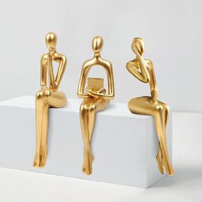 3pcs Gold Decor Thinker Statue, Resin Abstract Man Cutout Art Action Statue Coffee Table Decor for Home living Room Study Office Bookshelf Ornament