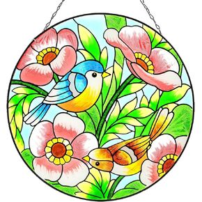Stained Glass Window Hanging, Bird Sun Catchers Indoor Window Ornament, Suncatcher Panel Glass Art Wall Decor Gifts for Women Mother's Day Merry Christmas Gifts