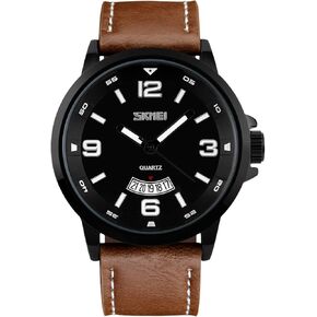 Mens Fashion Dress Analog Quartz Watch with Brown Leather Band Unique Big Face Number Retro Casual Wrist Watches Classic Business Waterproof Wristwatch Calendar Date Week - Black Brown