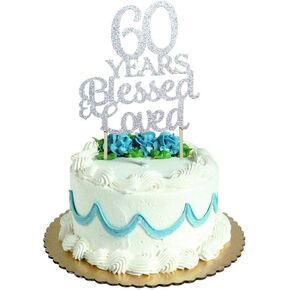 60 Years Blessed & Loved Cake Topper for 60th Birthday, Wedding Anniversary Party Decorations Silver Glitter