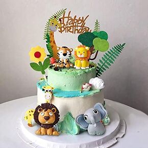 Woodland Animals Cake Decor Soft Clay Lion Elephant Tiger One 1st Jungle Safari Cake Topper Happy Birthday Party Decorations Kids