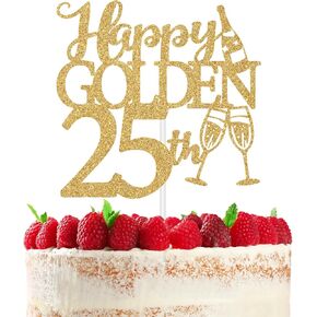 Happy Golden 25th Cake Topper, Happy 25 Anniversary/Birthday Party Decorations, Hello 25/Cheers to 25 Years Cake Decor, Happy 25th Birthday Party Decoration Supplies for Men Women, Gold Glitter