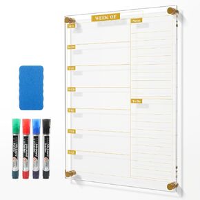 MaxGear Clear Weekly Dry Erase Calendar for Wall, 12'' x 16 ''Non-Magnetic Acrylic Dry Erase Board, Meal Plan & Grocery List White Board for Wall, Include 4 Markers, 1 Eraser and 1 Acrylic Pen Shelf