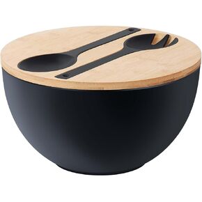 10" Large Salad Serving Bowl with Utensils in Lid, Bamboo Fiber Salad Bowl with Lid, Mixing Bowl with Servers set for Pasta,Fruit,Veggies,Popcorn to Replace Wooden Bowls - Matte Black