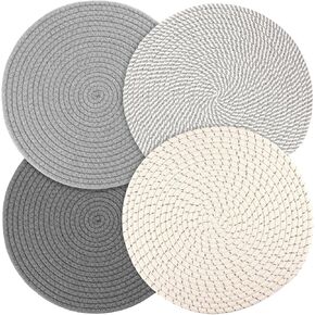 Round Woven Placemats Set of 4, 13 Inches Kitchen Table Place Mats for Dining Table, Trivets for Hot Pots and Pans, Boho Table Decorations for Table Setting, Tabletop Accessories(Gray)