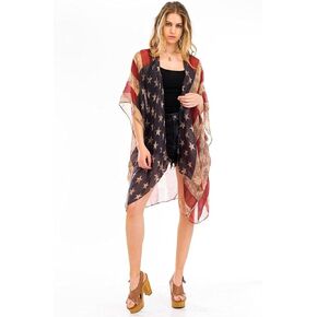 Patriotic American Flag Inspired Distressed Kimono Cardigan Sleeveless Vest or Scarf Vintage Boho 4th of July or Beach Kimono Flowing Summer Vest