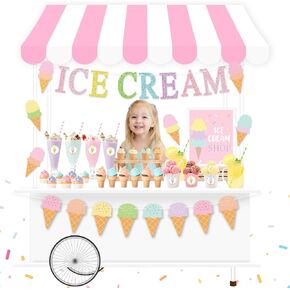 Ice Cream Party Stand Decor Kit, Summer Sundae Kids Playstand Play Shop ICE CREAM Banner Waterproof Canopy Table Sign Cups Tag Stickers, DIY Ice Cream Themed Party Shop Cart, Girls Boys Role Play