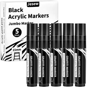 5 Pcs Jumbo Black Permanent Marker 15mm Wide Tip Thick Markers Poster Marker Large Acrylic Paint Markers for Rock Painting, Calligraphy, Tagging, Sign, Canvas, Glass, Wood, Ceramic