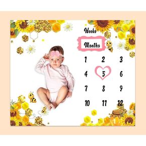 Baby Monthly Milestone Blanket| Sunflower Bee Honeycomb Golden Honey Pot | Newborns 1 to 12 Months Unisex Include 4 Frames and 1 Headband 48"x40" BTQQPH118