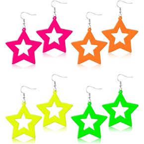 4 Pairs 80s Neon Earrings for Women Star Circular Oval Jewelry Retro Neon Dangle Earring for 80S Costume Dancing Party Accessory