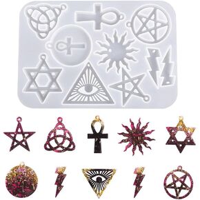 Nifocc Pendant Resin Molds Jewelry Casting Molds Pentagram Sun Ankh Cross Hexagram Lightning Silicone Mold Geometry Pendants Crystal Mold with Hole for DIY Crafts Keychain Earring Charms