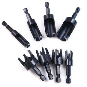 Wood Plug Cutters Drill Bit Set with 1/4 Hex Shank, Straight and Tapered Taper Cutting Tool 1/4", 5/16", 3/8", 1/2", 8Pcs, Black