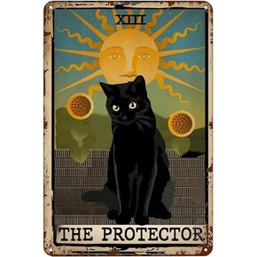 Xiddxu Vintage Tin Sign Metal Plaque Black Cat-The Protector Tarot Cat Metal Sign Retro Wall Decor for Home Hotel Cafes Sign Gift 6x8 Inch