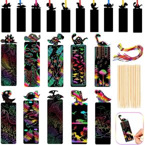 Kisston Scratch Bookmarks Art 100 Pcs Dinosaur Scratch Bookmark Bulk with 30 Wooden Stylus and 100 Colorful Ribbons DIY Craft Activity Party Favors Gifts Supplies