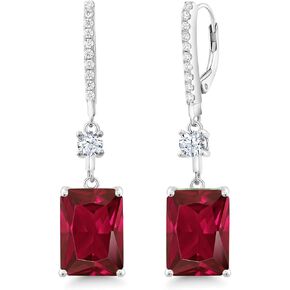 Gem Stone King 925 Sterling Silver Red Created Ruby Dangle Earrings For Women (10.30 Cttw, Emerald Cut 14X10MM)