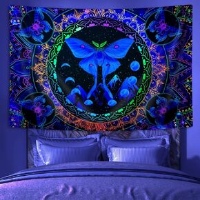 Blacklight Moth and Butterfly Tapestry,UV Reactive Mandala Tapestries Black Light Posters Wall Hanging for Bedroom Aesthetics Party Decor,60x40in Mountain Tapestry Glows in the Dark