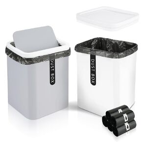 2Pcs Mini Trash Can with Lid, Plastic Mini Wastebasket with 5 Roll Trash Bags, Tiny Desktop Waste Garbage Bin for Kitchen Bathroom Office Home Desk Bedroom Vanity Tabletop(White+Grey)