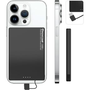 Magnetic Portable Charger,5000mAh Portable Wired iphone Charger with Built-in Cable -Anti finger print -USB Rechargeable, 0.36in Portable Charging Battery for iPhone 14/13/12/Pro/Mini/Pro Max (Black)