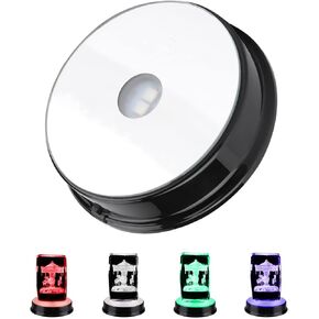 Led Light Stand Base, Circular Display Pedestal with Seven Color Led Light Battery Operated for 3D Crystal Glass Art 3.3 Inch Diameter Illuminated Holder Small Rock Lamp