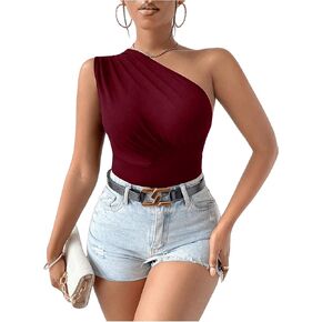 SOLY HUX Women's One Shoulder Ruched Tank Top Sleeveless Solid Slim Fitted Tops