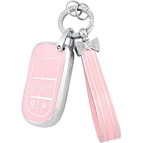 PIFOOG Pink Key Fob Cover for Jeep Cherokee Grand Cherokee Compass Renegade Bling Keychain 5 Buttons Car Keys Case Shell Full Covers Protector Girly Women Cute TPU