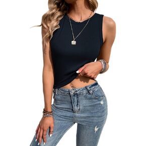 Womens Solid Round Neck Ribbed Summer Tank Top Sleeveless Racerback Cropped Basic Camisole Shirt Top