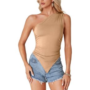 LYANER Women's Sexy One Shoulder Sleeveless Asymmetrical Hem Ruched Strappy Cami Tank Crop Top