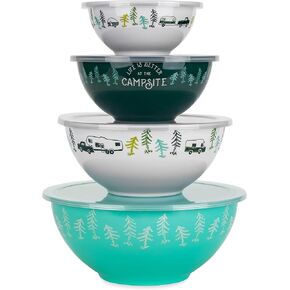 Camco Life is Better at The Campsite Nesting Bowl Set with Lids | Great for On-The-Go Lifestyles | Features (4) Durable Melamine Bowls with (4) Plastic Lids (53451)