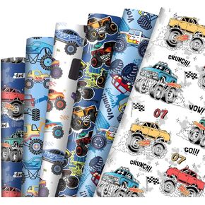 AnyDesign 12 Sheet Monster Truck Wrapping Paper Cartoon Racing Car Gift Wrap Paper Bulk Folded Flat Blue White DIY Craft Paper for Birthday Holiday Party Supplies, 19.7 x 27.6 In