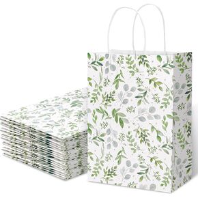 AnyDesign 12 Pack Greenery Paper Bags Bulk Watercolor Green Leaves Gift Bag with Handle Candy Goodie Treat Bags for Spring Wedding Birthday Baby Shower Party Favor Supplies, 5.9 x 8.3 x 3.1 Inch