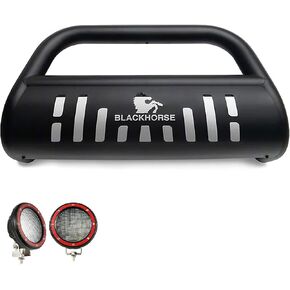 Black Horse Bull Bar Skid Plate Black Come With Pair of 5.3" Dia. LED Flood Lights with Red Trim Rings Compatible with 2017-2024 Nissan Titan (Excluding XD Models)-BB11327A-SP-PLFR