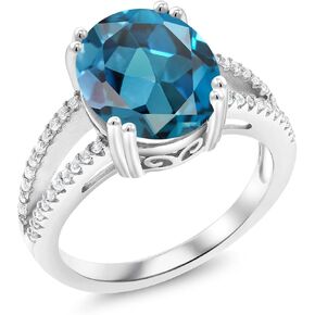 Gem Stone King 925 Sterling Silver London Blue Topaz Ring For Women (5.68 Cttw, Oval 12X10MM, Gemstone November Birthstone, Available In Size 5, 6, 7, 8, 9)